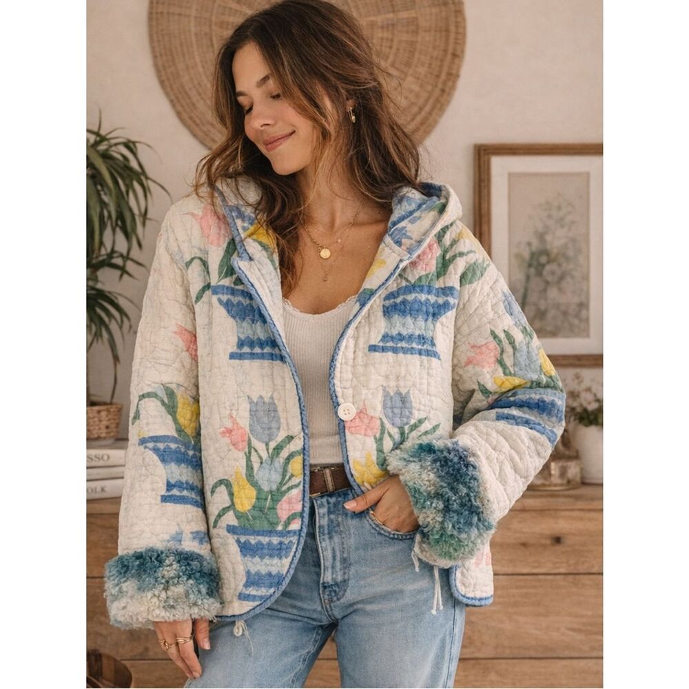 Upcycled Quilt Jacket w/ Faux Fur Cuffs Tulip Print Boho Cottagecore Hoodie